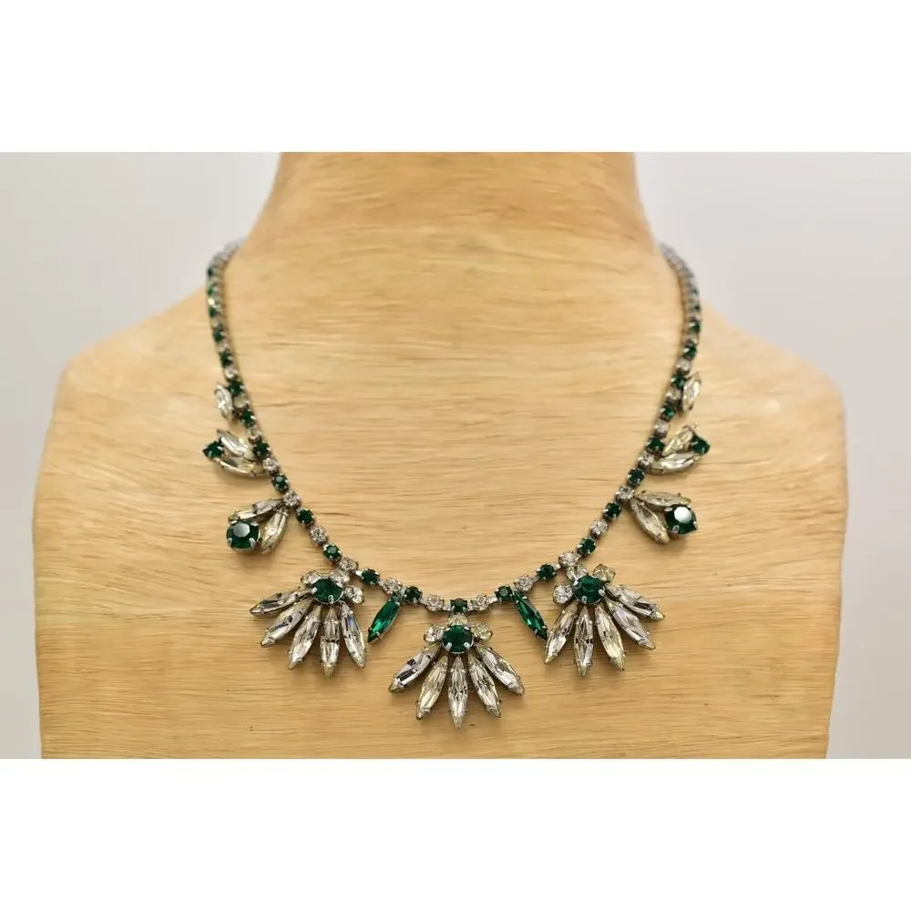 Vintage Crystal Collar Necklace Green Marquise Floral Prong Rhinestone BinBL